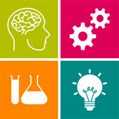 A square illustration containing a brain, cogs, test tubes and a light bulb glowing