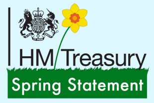 HM Treasury crest with an image of a daffodil growing out of  grass against blue background